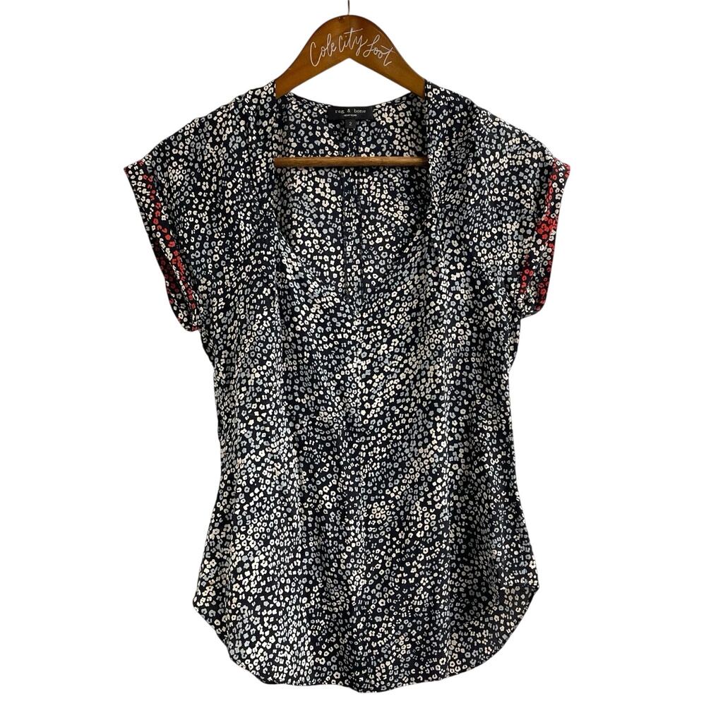 rag & bone New York 100% Silk Blouse Top Shirt Black White Print 2 V Neck